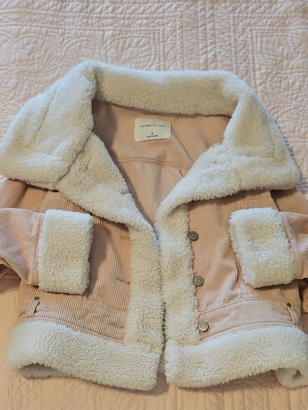 Celebrity Pink Blush Pink Corduroy Teddy Jacket with Cream Sherpa Trim